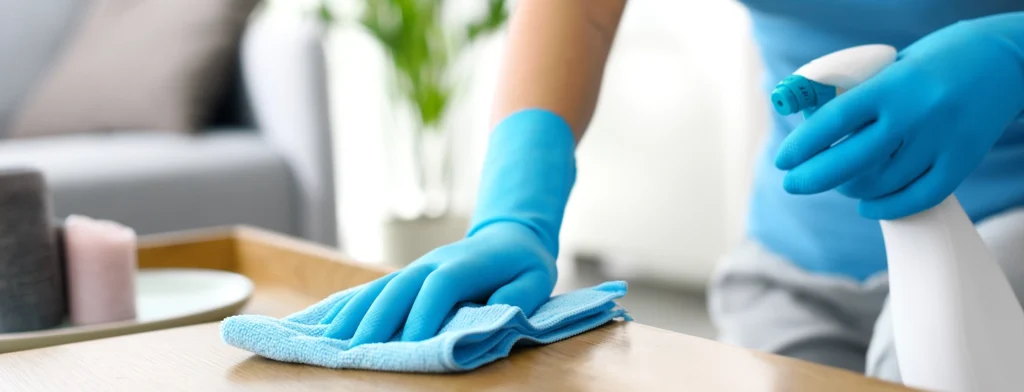 Limpeza profissional a limpar uma mesa de madeira com um pano de microfibra e spray de limpeza.