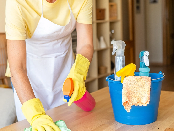Limpeza a limpar uma mesa de madeira com um pano ao lado de um balde de produtos de limpeza domésticos.